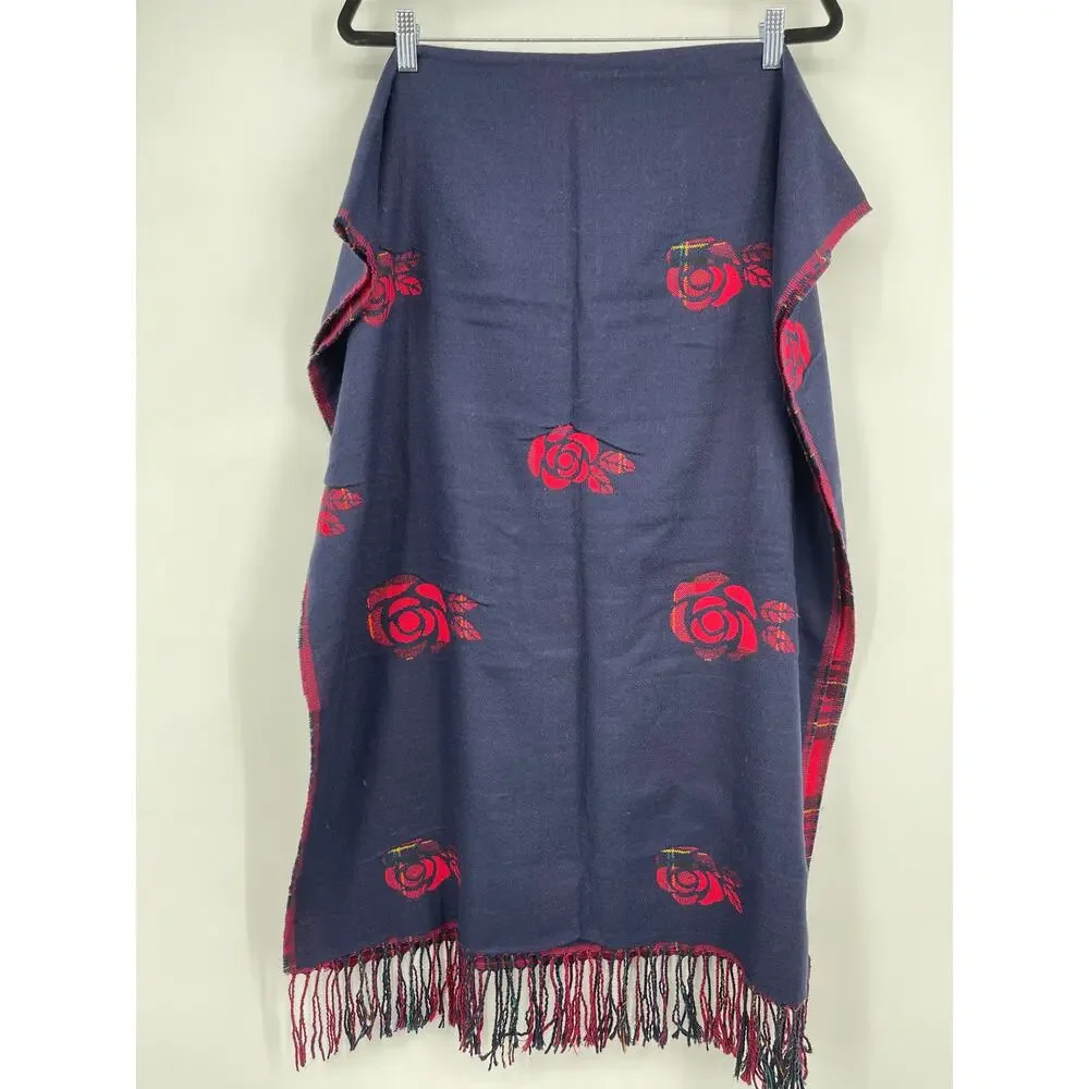 Plaid Rose Red Blue Super Soft Reversible Scarf Shawl Wrap NEW